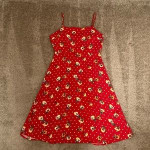 Forever 21 red w/ yellow floral & white dots details midi summer dress, medium